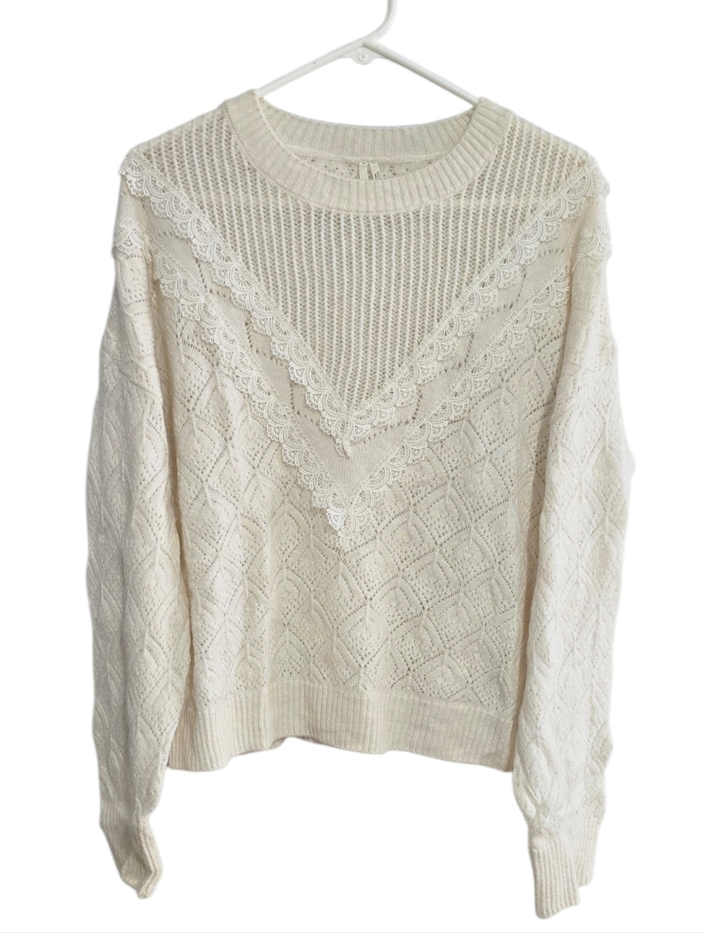 By Anthropologie Cream Lace-Trim Cable Knit Sweater - Women Size M